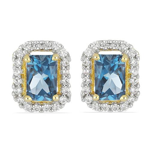 14K GOLD LONDON BLUE TOPAZ HALO EARRINGS WITH WHITE DIAMOND